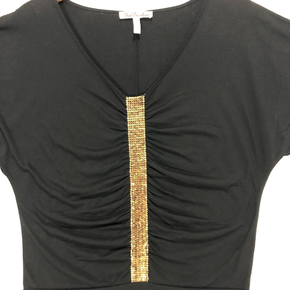 True Freedom Black Dolman Sleeve V Neck‎ Top Gold Sequin Embellishment XL
